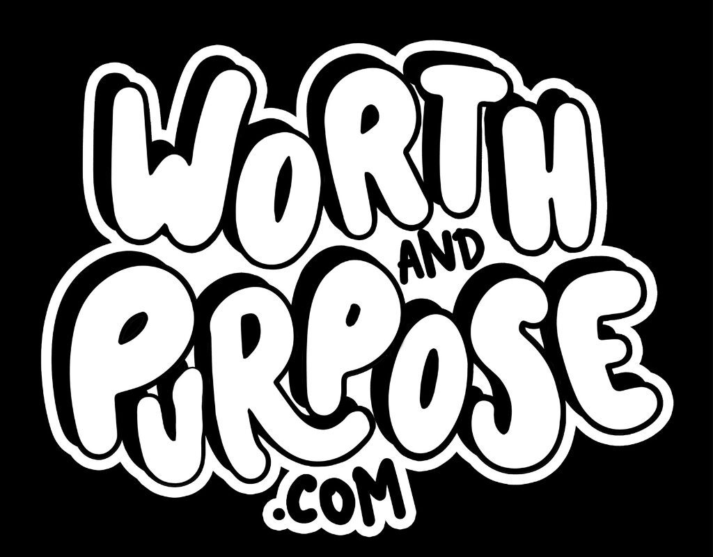 Black and white graphic logo with the text 'Worth and Purpose .com'.