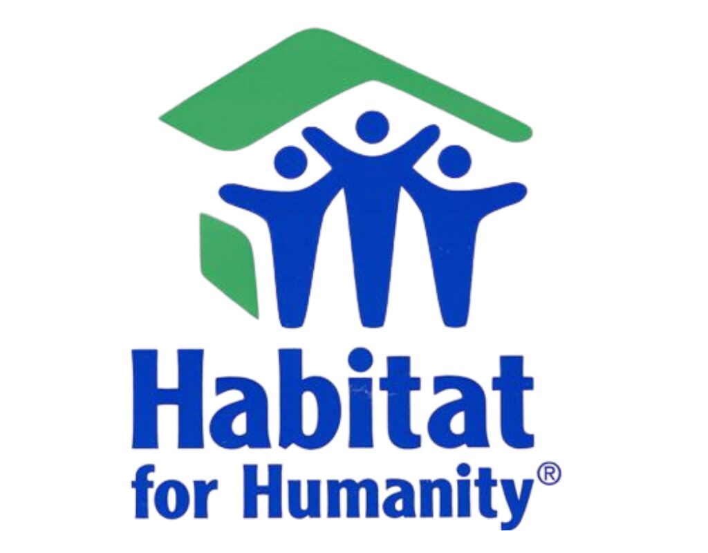 Logo of Habitat for Humanity showing three figures under a green roof.