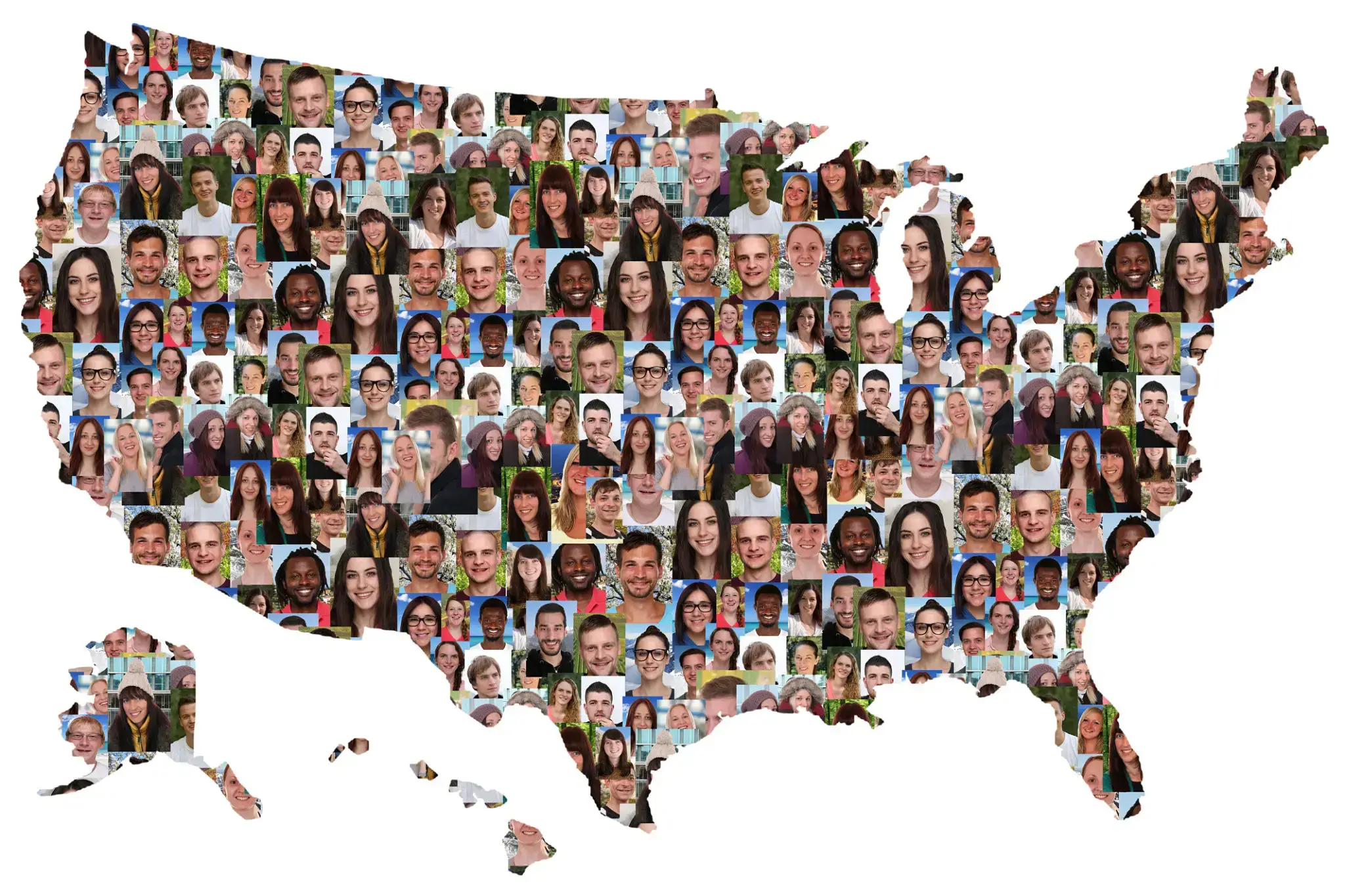 Collage of diverse faces forming a map of the United States.