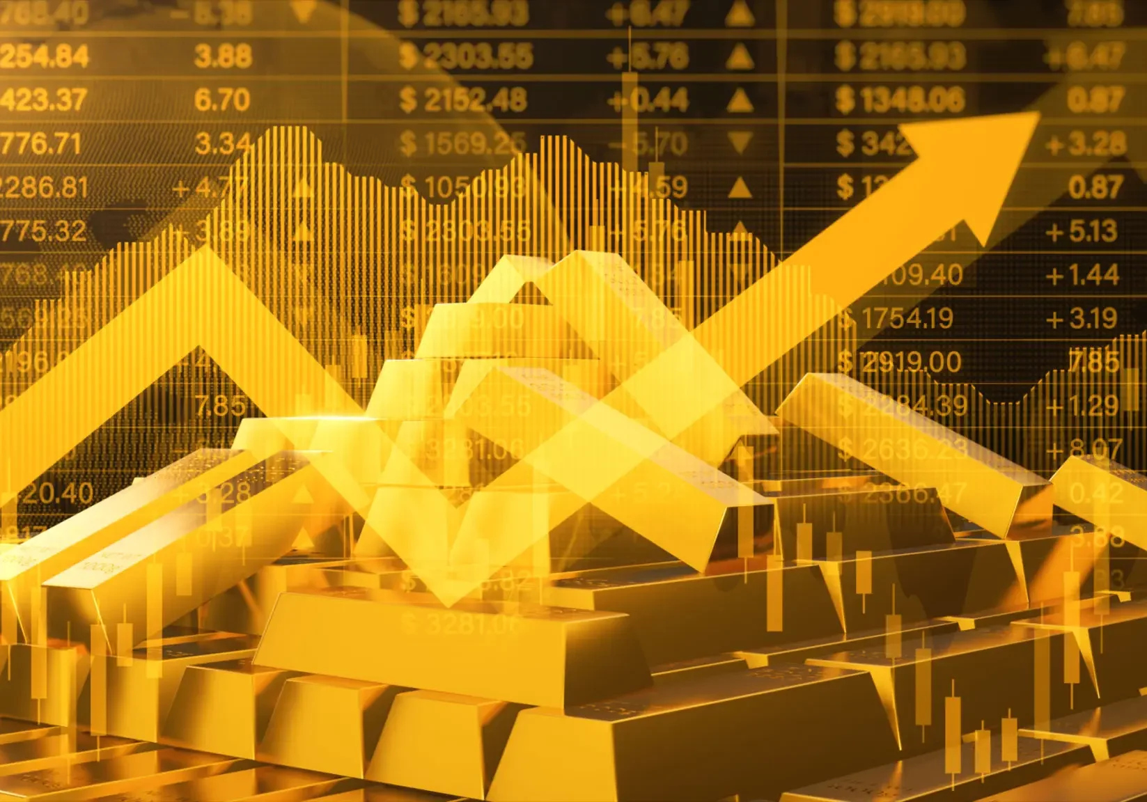 Hands stacking gold bars with upward financial graphs in the background.